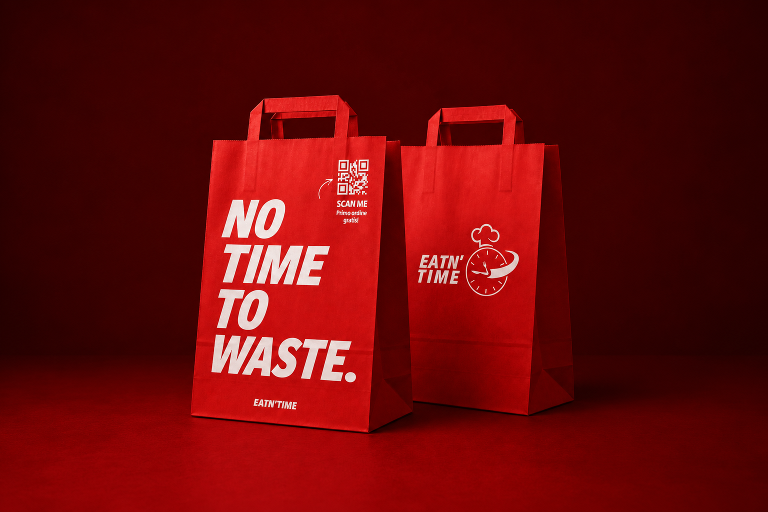 Le borse rosse EATN’TIME per il take-away, con la scritta No time to waste